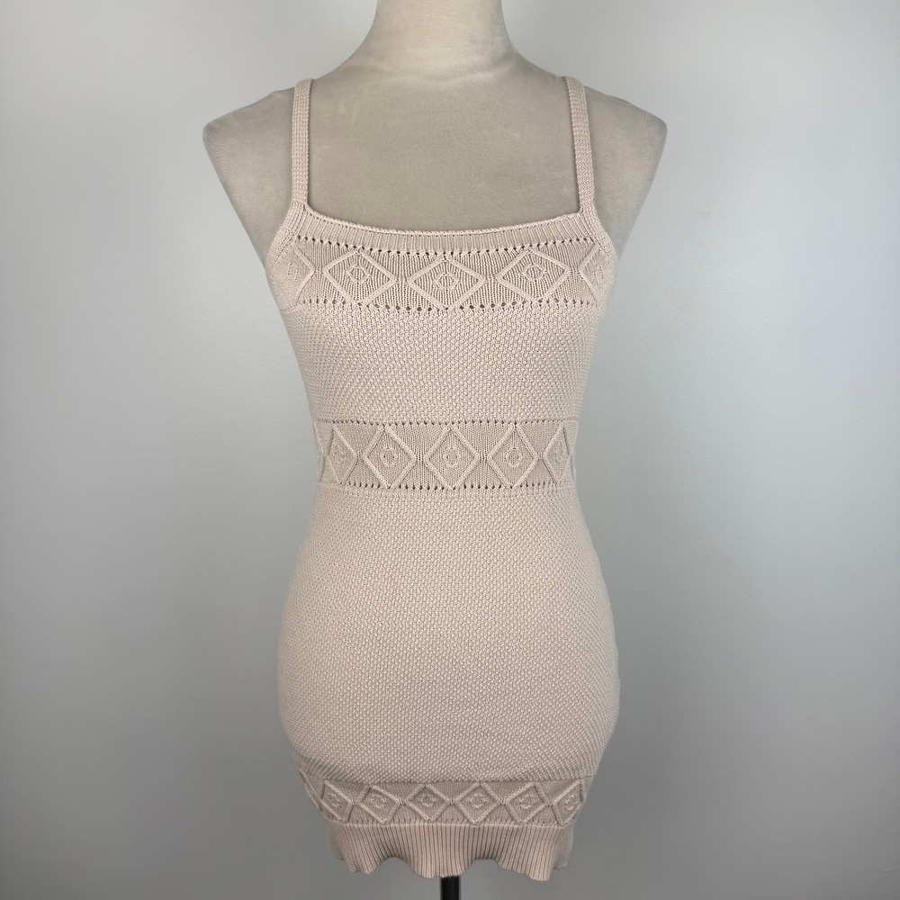 Hello Molly Venus Retrograde Beige Knit Pointelle Mini Dress Square Neck XS US 2